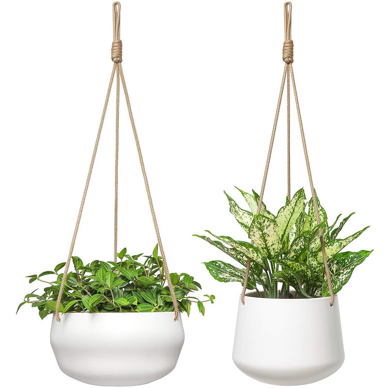 Mkono Ceramic Hanging Planter of Shallow 8 Inch and Deep 6 Inch for Indoor Outdoor Plants, Set of 2 Modern Plant Pot Geometric Porcelain Hanging Basket with Polyester Rope Hanger - Image 1